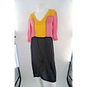 Marni Vintage Color Block Shift Pink Yellow Black Designer V-Neck Dress Size 38